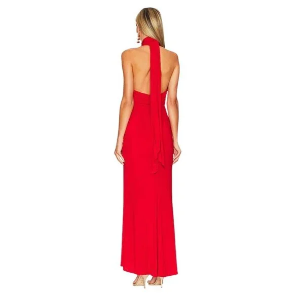 Alice + Olivia Reese New Ruby Red Gown – Size 6 – Deep V, Scarf Neck, Slit, Form - Picture 2 of 8